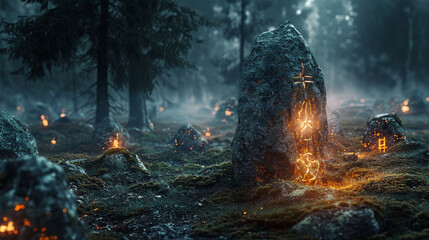 Mysterious stone circle, glowing runes, deep forest clearing, mist swirling around, magical Realistic drawing, backlighting, mystical glow, depth of field bokeh effect - obrazy, fototapety, plakaty