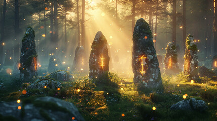 Mysterious stone circle, glowing runes, deep forest clearing, mist swirling around, magical Realistic drawing, backlighting, mystical glow, depth of field bokeh effect - obrazy, fototapety, plakaty