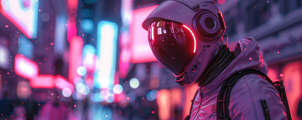 Nanobot repair technician, futuristic jumpsuit, precision in its movements, operating in a bustling city center, under artificial neon lights, 3D render, Backlights - obrazy, fototapety, plakaty