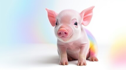 An adorable baby piglet sitting on white clouds with rainbow on blue sky background, showcasing its innocence and charm. - obrazy, fototapety, plakaty