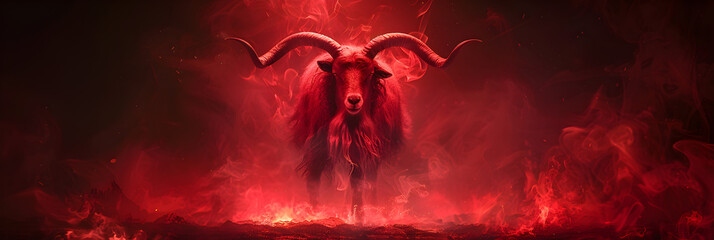  Goat with horns and red smoke on a dark backgrou,
Aries dynamic and passionate zodiac depiction with charging ram and energizing sparks
 - obrazy, fototapety, plakaty
