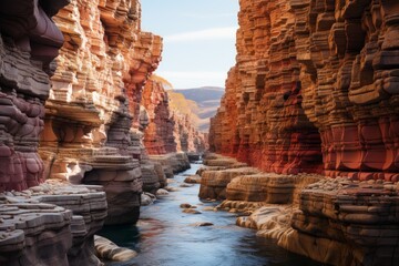 Water flows through canyon between rocky cliffs in natural landscape