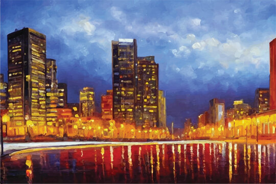 Artistic painting of skyscrapers. Abstract style. Cityscape panorama. Watercolor paintings landscape, city skyline. Beautiful city skyline view. Oil painting cityscape. Buildings. Lights. Background. 