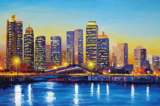 Artistic painting of skyscrapers. Abstract style. Cityscape panorama. Watercolor paintings landscape, city skyline. Beautiful city skyline view. Oil painting cityscape. Buildings. Lights. Background. 