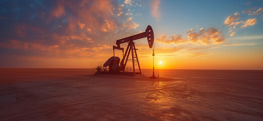 oil pumpjack rig on desert, energy industrial for petroleum gas production amidst the sunset	