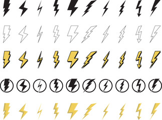 Lightning bolt symbol set, lightning logos, lightning icons solid color, shaded and lightning with circle.