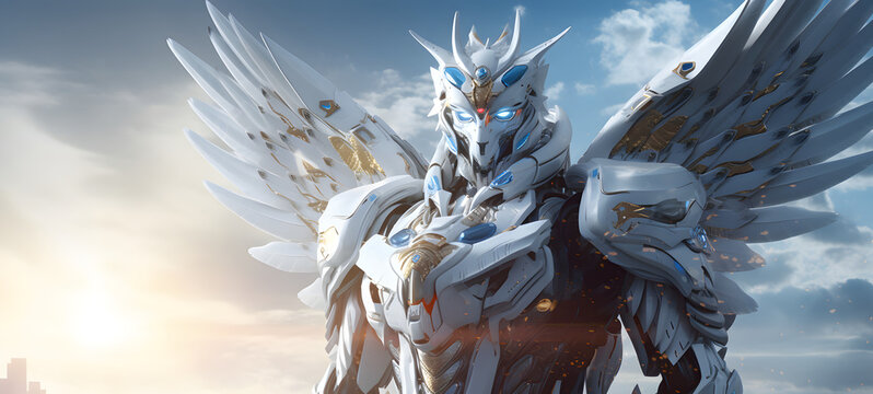 photograph of a white garuda robot adorned in celestial sun and moon, ai generative