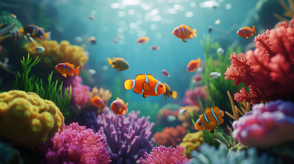 Fototapeta na wymiar Clownfish swimming among coral in sea