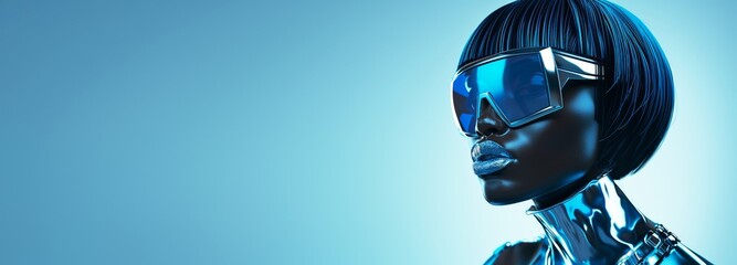 A portrait of a black female model with a sharp cut bob hair cut and wearing futuristic glasses and a silver latex effect outfit. Copy space to the left - obrazy, fototapety, plakaty