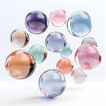 A collection of levitating translucent globes in abstract shape, 3d render style, isolated on a white background.