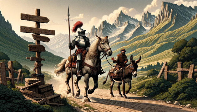 armored knight and squire at crossroads in green mountain valley