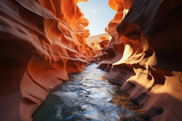 Water cutting through desert canyon under blue sky - Powered by Adobe