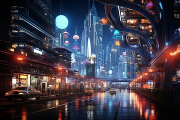 a futuristic city at night with a river running through it - obrazy, fototapety, plakaty