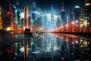 Fototapeta na wymiar Car cruising on wet street past futuristic city skyline at midnight