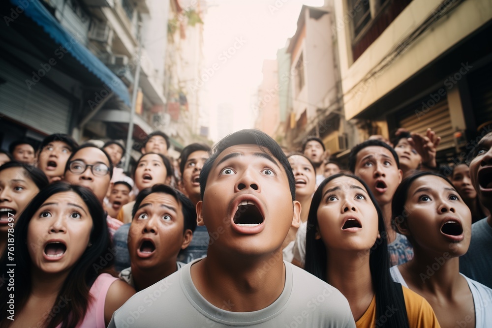 Wall mural crowd of people looking up shocked