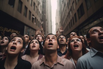 Crowd of people looking up shocked - obrazy, fototapety, plakaty