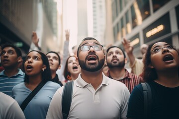 Crowd of people looking up shocked - obrazy, fototapety, plakaty