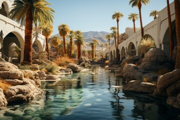 Palm trees line the riverbank with rocks, a bridge in the background