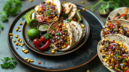 Mexican ground Beef Tacos with Salsa and Garnishes