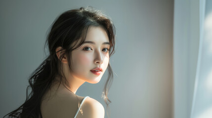 Asian Sunlit Youthful Beauty in a Contemplative Pose
