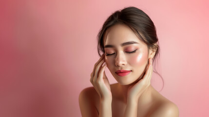 Fototapeta premium Asian Serene Beauty with Perfect Skin on Pink Background