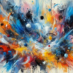 Vibrant and colorful background. Messy paint strokes and smudges on an white background. Blue, orange, yellow, red, black color drips, flows, streaks, splashes, visible brushstrokes of oil paint.