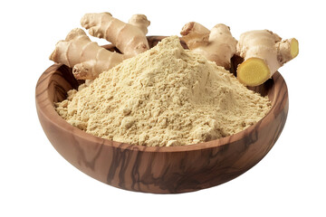 Fototapeta premium Ginger powder on wooden bowl isolated on a transparent background.