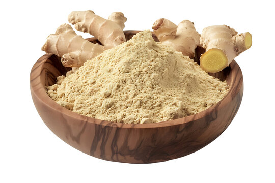 Ginger powder on wooden bowl isolated on a transparent background.