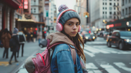 A young attractive girl with pink headphones, wearing a urban outfit, posing in city streets. Generative AI