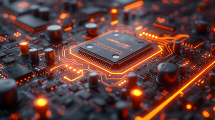 A Neon-Lit Vision of Tomorrow's Technology Featuring A Chip In A Circuit Board - obrazy, fototapety, plakaty
