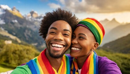 A captivating close-up portrait showcasing radiant smiles, celebrating LGBTQ representation. Joyful faces exude confidence and happiness, affirming the beauty of diversity and inclusion. - obrazy, fototapety, plakaty