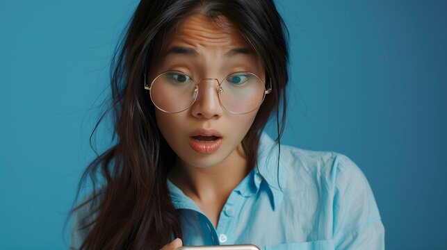 Close up image of a young asian female in blue shirt and glasses, with a shocked expression while checking cellphone
