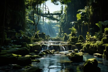 Waterfall in jungle surrounded by trees, plants fluvial landforms - obrazy, fototapety, plakaty