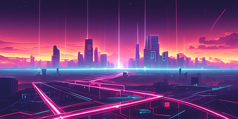 Futuristic Cityscape at Sunset With Neon Lights and Skyscrapers.