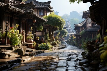 Narrow street in Chinese village with houses, trees, and asphalt road surface - obrazy, fototapety, plakaty