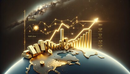 Gold bars and coins on a global map with rising graphs depicting increasing gold prices, Concept of international gold market trends - obrazy, fototapety, plakaty