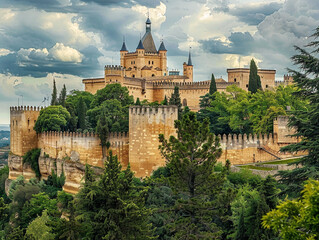 Historic Alcazar castle in Segovia, Spain, featuring intricate details and architecture in raw...