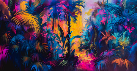 Neon colorful tropical forest painted art in pink, yellow, blue orange, red colours. Palm tree and banana tree leaves graphic for copy space by Vita - obrazy, fototapety, plakaty