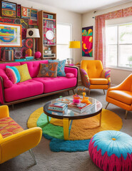  A blast from the past, this living room channels the nostalgia of the 70s with funky furniture, psychedelic patterns, and bold colors. Groovy accents like lava lamps, shag rugs, and vinyl records.