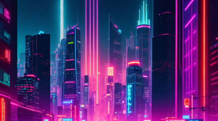 "Abstract cityscape at night with neon lights - Skyscrapers and streets aglow with neon signs and vibrant colors, capturing the electric energy of a bustling city nightlife.
