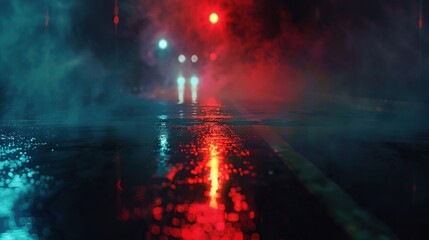 Wet Asphalt Reflection of Neon Lights, Smoke. Abstract, Light Dark, Night, Empty, Street, Background, Bright, Spotlight, Wallpaper, Fog
