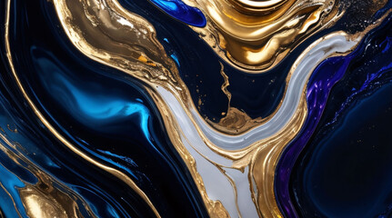 "Abstract fluid art with metallic accents - Rich layers of acrylic paint and metallic pigments blend together in a shimmering display of texture and color.