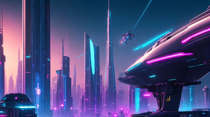 "Futuristic sci-fi city skyline - Towering skyscrapers and sleek architecture rise against a backdrop of neon lights and flying vehicles.