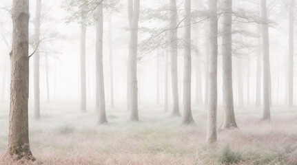 Ethereal misty forest landscape - Soft pastel tones blend seamlessly, evoking a dreamy woodland scene, ideal for nature-inspired designs.