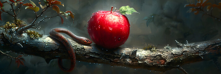 Forbidden fruit. Apple and serpent snake coiled ,
A snake and a red apple on a table
 - obrazy, fototapety, plakaty