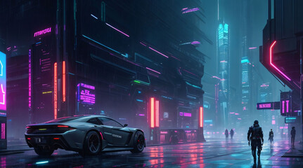 "Futuristic cyberpunk cityscape - Neon lights and futuristic skyscrapers reflect off rain-soaked streets in a cybernetic metropolis, evoking a dystopian atmosphere perfect for sci-fi themed 