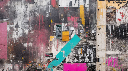 "Grunge urban street art collage - Layers of graffiti tags, torn posters, and urban textures come together in a gritty collage, reflecting the vibrant chaos of city streets, ideal for edgy designs 