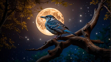 A bird, resplendent in its beauty, is stationed on a twisted tree branch, its gleaming feathers glistening in the moon’s unearthly light. The blurred background adds a touch of enchantment to the scen