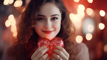 Woman holding a heart shaped lamp, with baler background 
 - obrazy, fototapety, plakaty