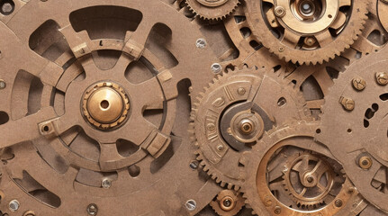 "Steampunk mechanical gears and cogs - Intricate metal gears and machinery in shades of brass and copper, reminiscent of Victorian-era technology, 